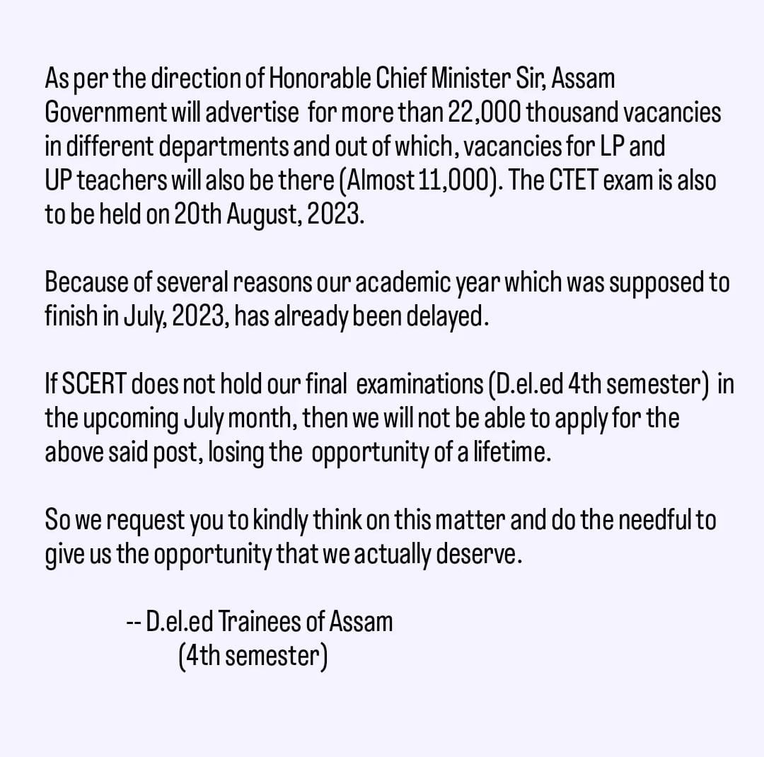 Rupamdeka1113's tweet photo. Conduct our exams(SCERT, D.el.ed 4th Semester, Final Examination) in July, otherwise we'll lose a lifetime opportunity or opportunity to apply for upcoming recrutment.
@himantabiswa 
@ugc_india @ranojpeguassam
 @scert https://t.co/bELUpAHV04
