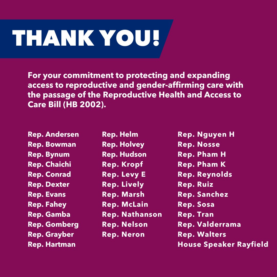 Thank you to all the Senators and Representatives for their commitment to protecting and expanding access to reproductive and gender-affirming care with the passage of the Reproductive Health and Access to Care Bill (HB 2002)!