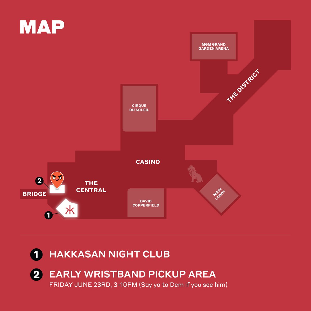 Azuki's tweet photo. Early wristband pickup (recommended) is from 3-10PM today near LEVEL UP, the arcade in MGM Grand located near the entrance from the strip. 

Say yo if you see Dem 🧡 https://t.co/qtEoLK168x