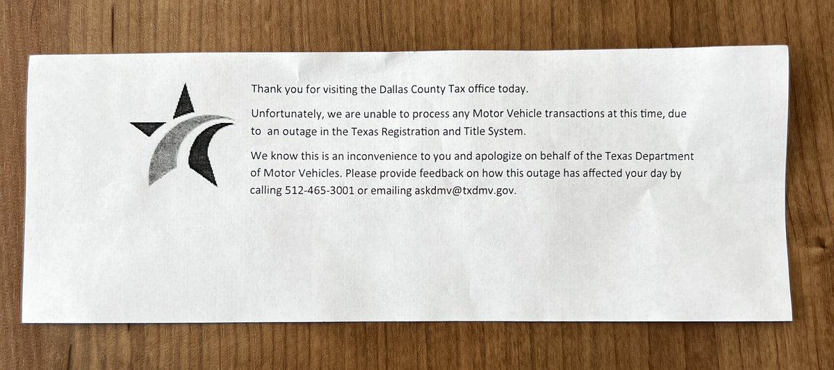 Texas DMV offices closed due to a  statewide system computer outage
<a href="/NBCDFW/">NBC DFW</a> <a href="/AlannaNBC5/">Alanna Quillen</a> <a href="/marthaminjarez/">martha minjarez tv</a>  <a href="/Telemundo39/">Telemundo 39</a> <a href="/TxDMV/">Texas Department of Motor Vehicles</a> 
nbcdfw.com/news/local/tex…