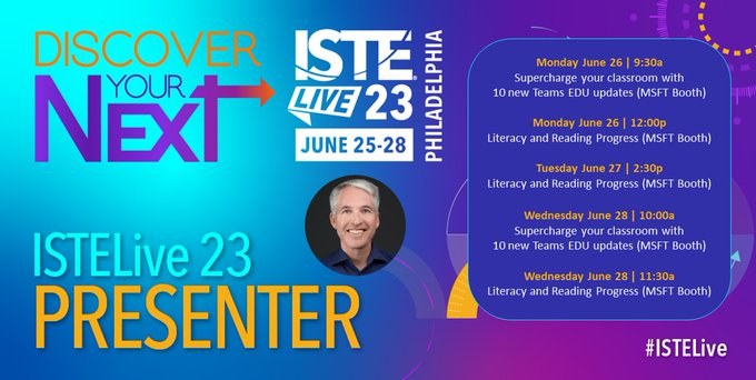 Come find me in the #MicrosoftEDU booth at #ISTELive! I'll be presenting the sessions below daily & also hanging out to answer questions. 📖 Literacy and Reading Progress + new updates 🚀 Top 10 updates in Teams EDU #edtech #ISTELive23