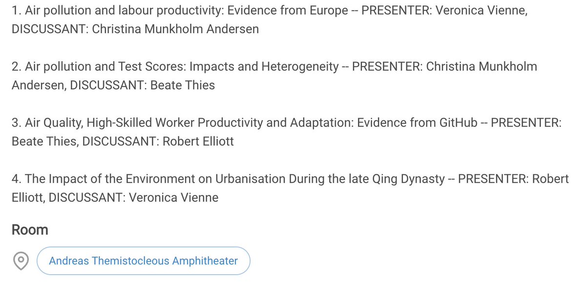 I'm thrilled to present at <a href="/EAERE_envecon/">EAERE</a> next week. Join me on Wednesday afternoon as I present a paper on air pollution and its impact on children's education. It's my first time attending, so feel free to reach out and connect! #EconTwitter