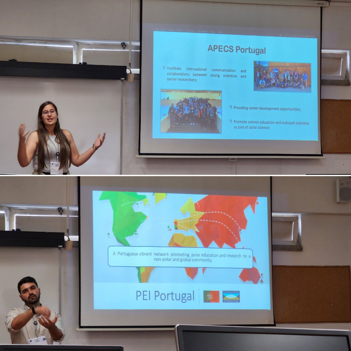 Antarcticlegacy's tweet photo. Inspirational talks delivered by APECS Portugal (@APECS_Portugal) Chair, Joana Fragão and Polar Educators International (@polareducators) Portugal representative, Hugo Guímaro.

Bring polar science to communities in informal ways and formal education (classroom). 

#SCHASS2023 https://t.co/yT9srkLPfy