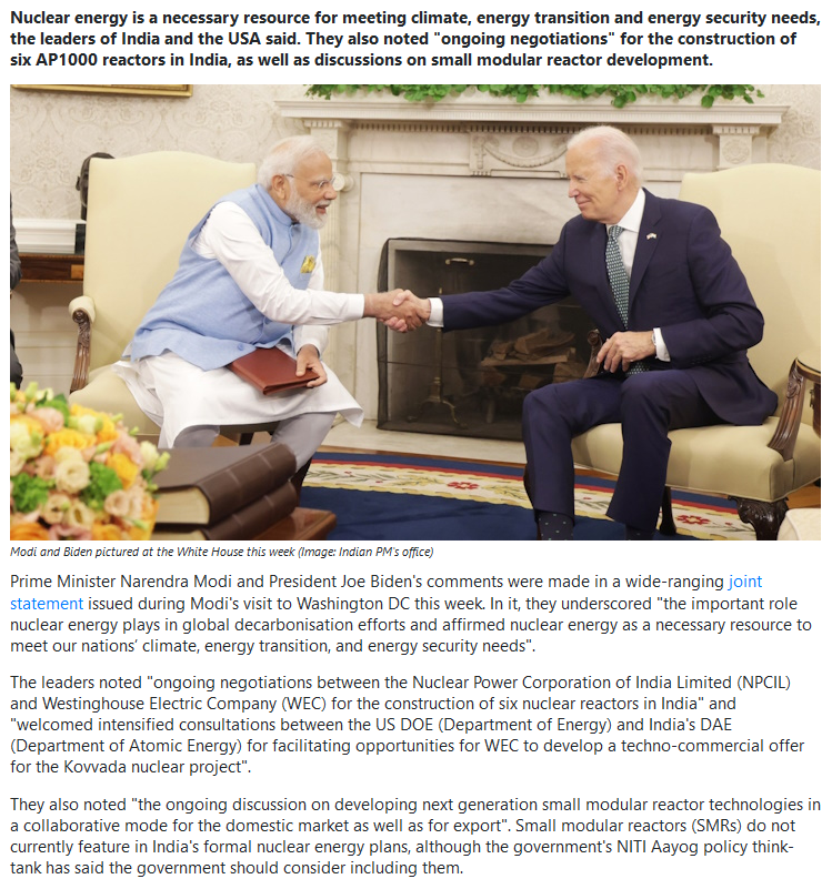 '#Nuclear #energy is a necessary resource for meeting climate, #EnergyTransition and #EnergySecurity needs'🌞⚛️ say #India & #USA amid 'ongoing negotiations' for construction of six Westinghouse AP1000 reactors in India as well as small modular reactors #SMR's🇮🇳🇺🇸🤠🐂 #Uranium…