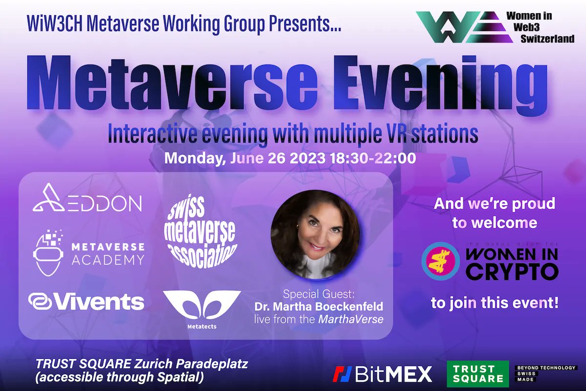 💃 Join @wiw3ch and @AWICglobal on Monday June 26th @Trust_Squarein #Zurich for an interactive Metaverse networking event featuring @artmetaofficial @AeddonMetaverse, Vivents, @metatects, @Metaverse_ACAD, @SwissMetaverse, & the MarthaVerse!
📢 RSVP now: buff.ly/3qNSL4d