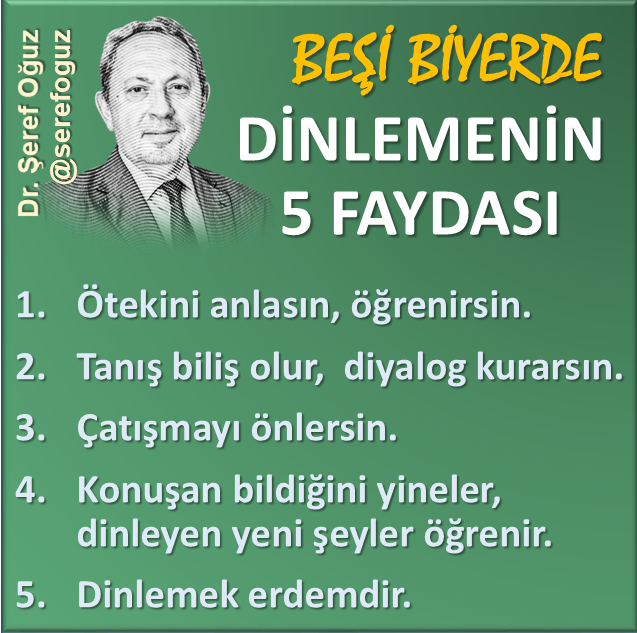 serefoguz's tweet photo. DİNLEMENİN 5 FAYDASI
1-Ötekini anlarsın, öğrenirsin.
2-Tanış biliş olur, diyalog kurarsın.
3-Çatışmayı önlersin.
4-Konuşan bildiğini yineler, dinleyen yeni şeyler öğrenir.
5-Dinlemek erdemdir.
#beşibiyerde #dinleme #konuşma #biliş #diyalog #çatışma #öğrenme #rdem @serefoguz https://t.co/C05w84NDuF