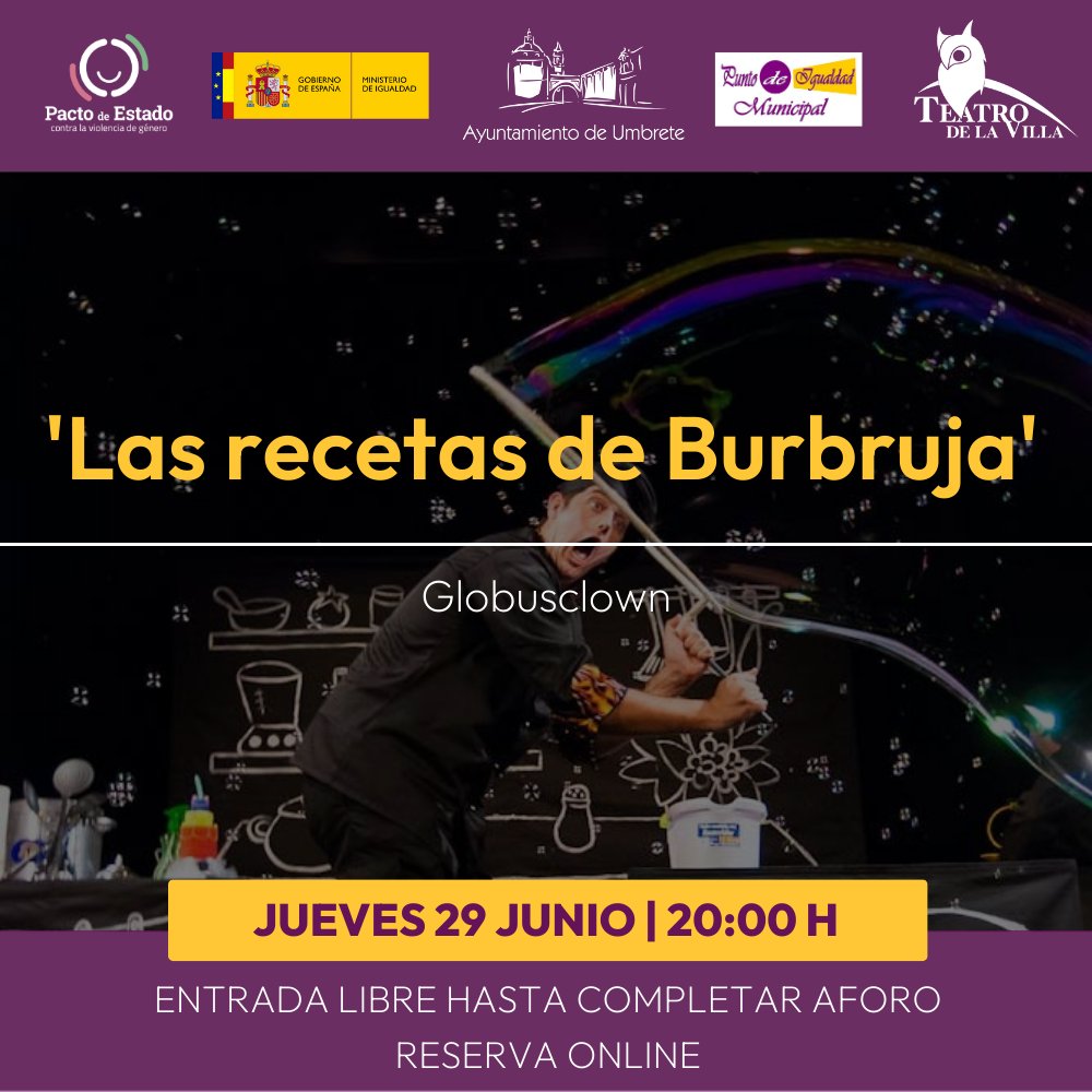 🎭 Nos visita un cocinero muy especial cuyo mejor ingrediente son las pompas de jabón

‘Las recetas de Burbruja’ es un espectáculo igualitario realizado por Globusclown y subvencionado por el Pacto de Estado contra la Violencia de Género