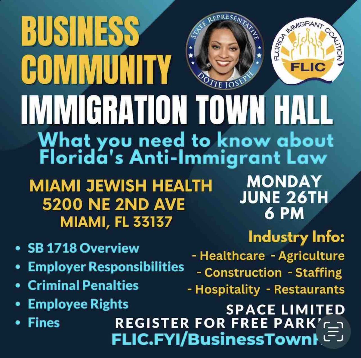 The Business Community Town Hall is almost here! Presented by Florida Immigration Coalition ✨

Learn everything you need to know about Florida’s Anti-Immigrant Law.

Monday, June 26, 2023 | 6pm
Miami Jewish Health 

Register at : FLIC.FYI/Businesstownha…