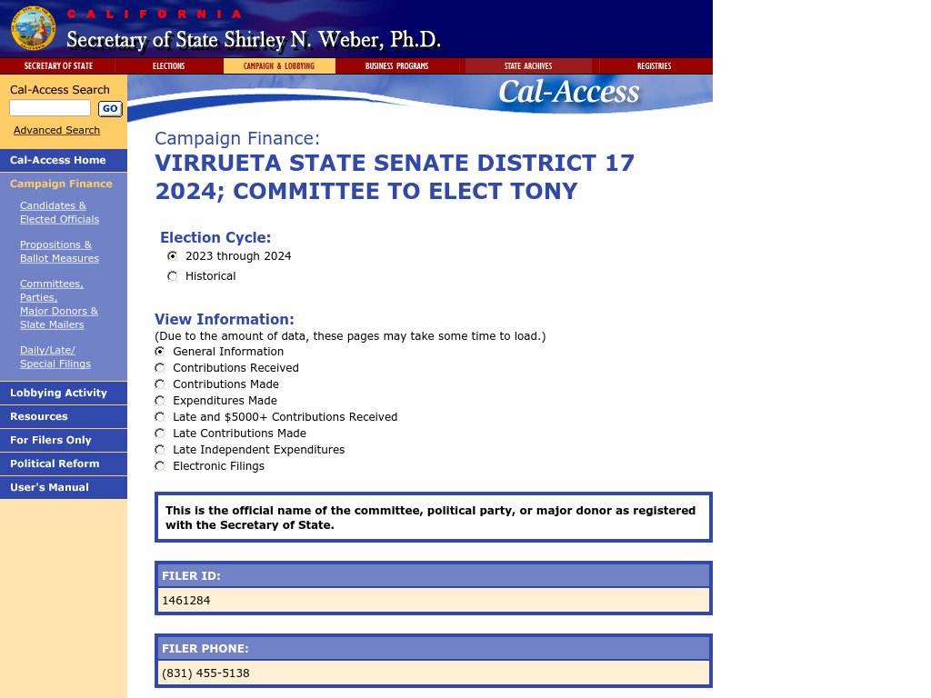 NEW CAL-ACCESS 2024 SEN FILING VIRRUETA STATE SENATE DISTRICT 17 2024; COMMITTEE TO ELECT TONY cal-access.sos.ca.gov/Campaign/Commi…