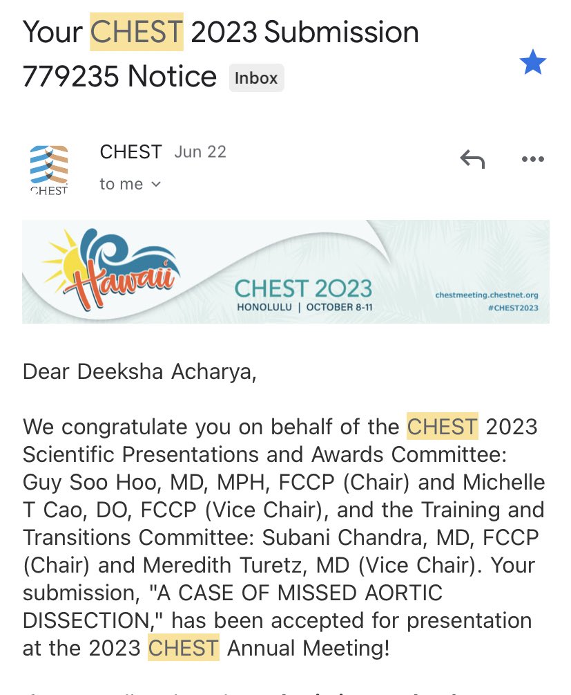 Hawaiii 🌺 super excited to have my abstract accepted at #CHEST2023 taking place in Hawaii this year! @accpchest #Hawaii #CriticalCare