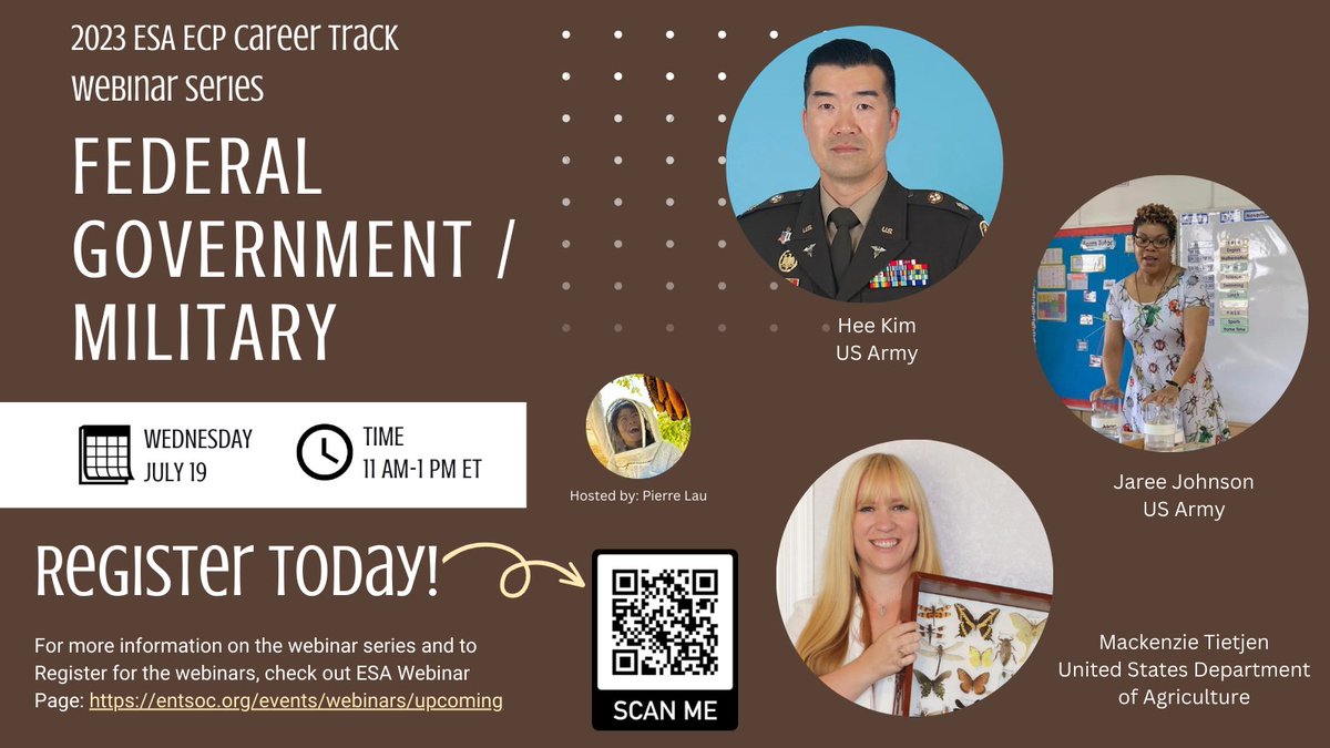 ESA Early Career Professionals Committee (@ecp_entsoc) on Twitter photo Our next webinar in the #EntSocECP Career Track Webinar Series, we have a webinar on federal govt/military careers in entomology! Featuring LTC Hee Kim, MAJ <a href="/AlliKnowAreBugs/">Jareè Johnson</a>, and <a href="/tietjenm534/">Mackenzie Tietjen</a>! Hosted by <a href="/MississippBees/">Pierre Lau</a>!
📅 July 19
⏰ 11 AM-1 PM ET
👉 entsoc.org/events/webinar… Our next webinar in the #EntSocECP Career Track Webinar Series, we have a webinar on federal govt/military careers in entomology! Featuring LTC Hee Kim, MAJ <a href="/AlliKnowAreBugs/">Jareè Johnson</a>, and <a href="/tietjenm534/">Mackenzie Tietjen</a>! Hosted by <a href="/MississippBees/">Pierre Lau</a>!
📅 July 19
⏰ 11 AM-1 PM ET
👉 entsoc.org/events/webinar…