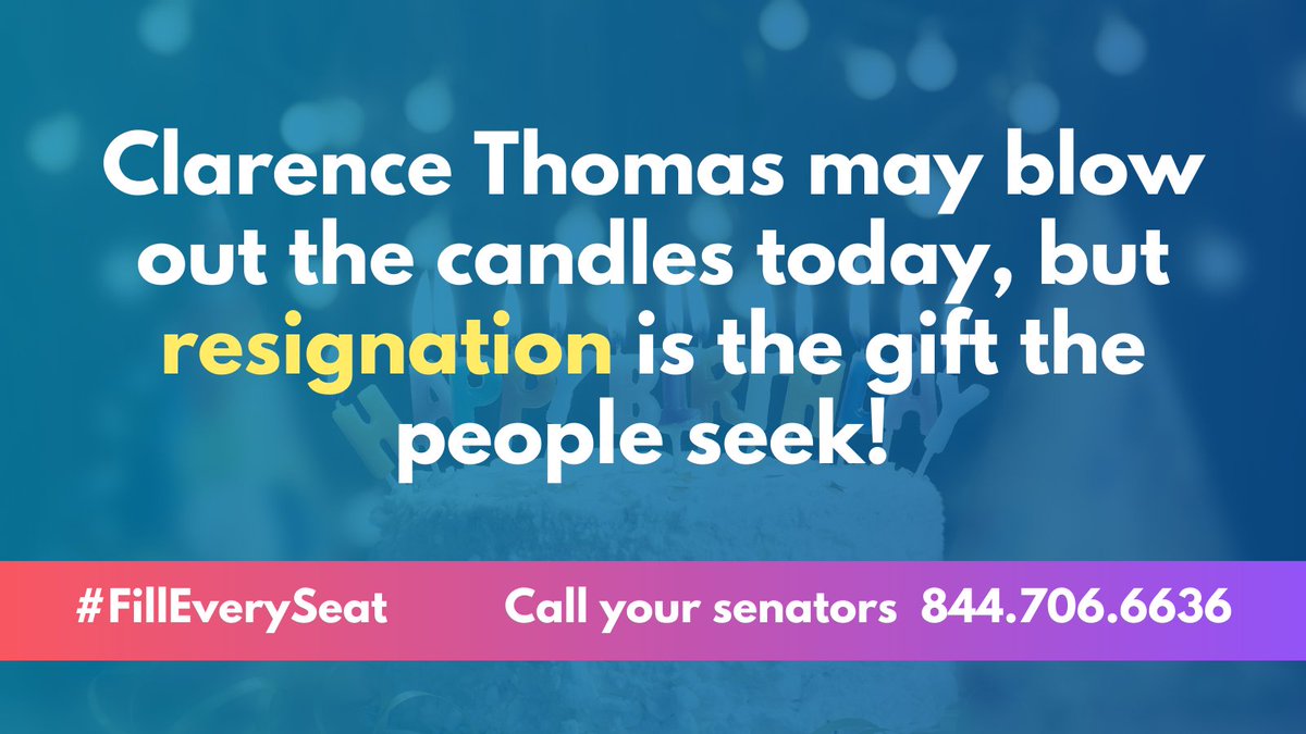 AFJAction's tweet image. Join us in wishing Justice Thomas a Happy Birthday!

75 is a milestone birthday, and for his 75th we think Justice Thomas should take a LONG vacation. 

His lack of ethics has damaged trust in the judiciary beyond repair, and there’s no better gift than resignation. #ThomasResign