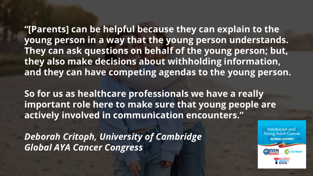 “We need to assess and continually reassess their communication preferences to see if they want to be involved.” <a href="/critoph_debbie/">Debbie Critoph</a> presenting with  <a href="/LukeAMSmith/">Luke Smith</a> at #ayacancercongress