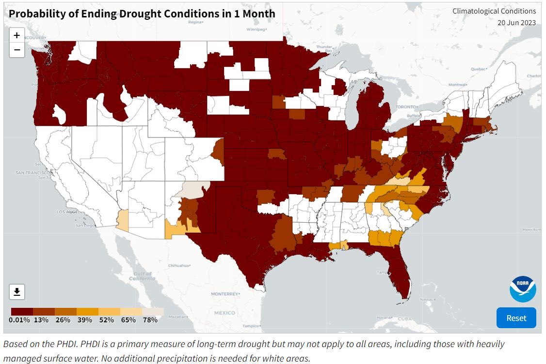 According to NOAA data today, 6/23/23, offsetting this #Drought across the #Corn belt in the next month doesn’t look promising. Historical hottest and driest months on the horizon. Pollination in 1-2 weeks.