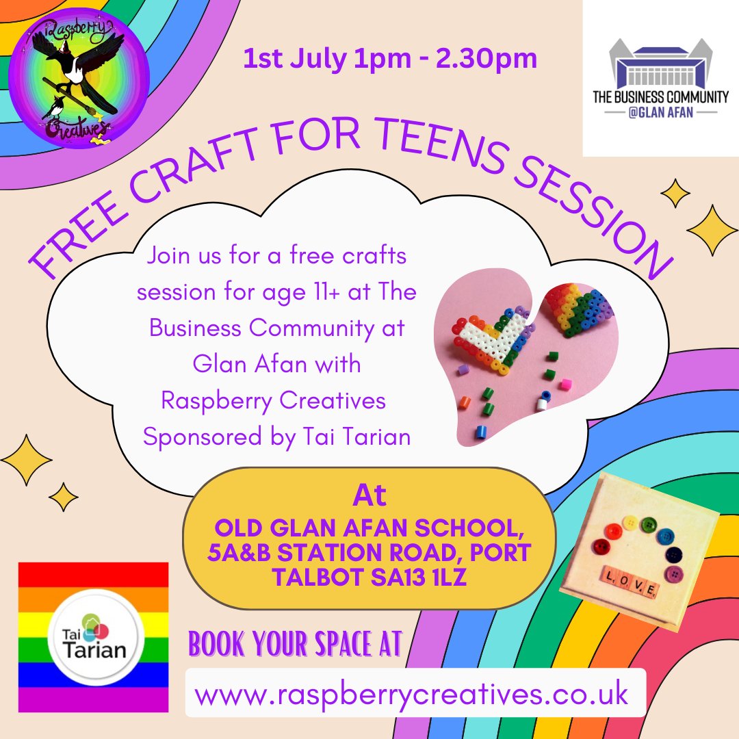 Very pleased to announce a second Pride craft session, this time for the teens.

1st July @ 1pm at The Business Community at Glan Afan 

<a href="/NPTPride/">NPT Pride</a> <a href="/Raspberrybazaa1/">RaspberryCreatives</a>
<a href="/TaiTarian/">Tai Tarian</a> 

See below for booking details