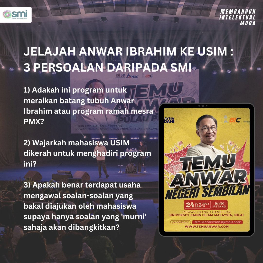 [KENYATAAN MEDIA SINERGI MAHASISWA ISLAM] 

JELAJAH ANWAR IBRAHIM KE USIM : 3 PERSOALAN DARIPADA SMI  

23 JUN 2023  

"MEMBANGUN INTELEKTUAL MUDA"