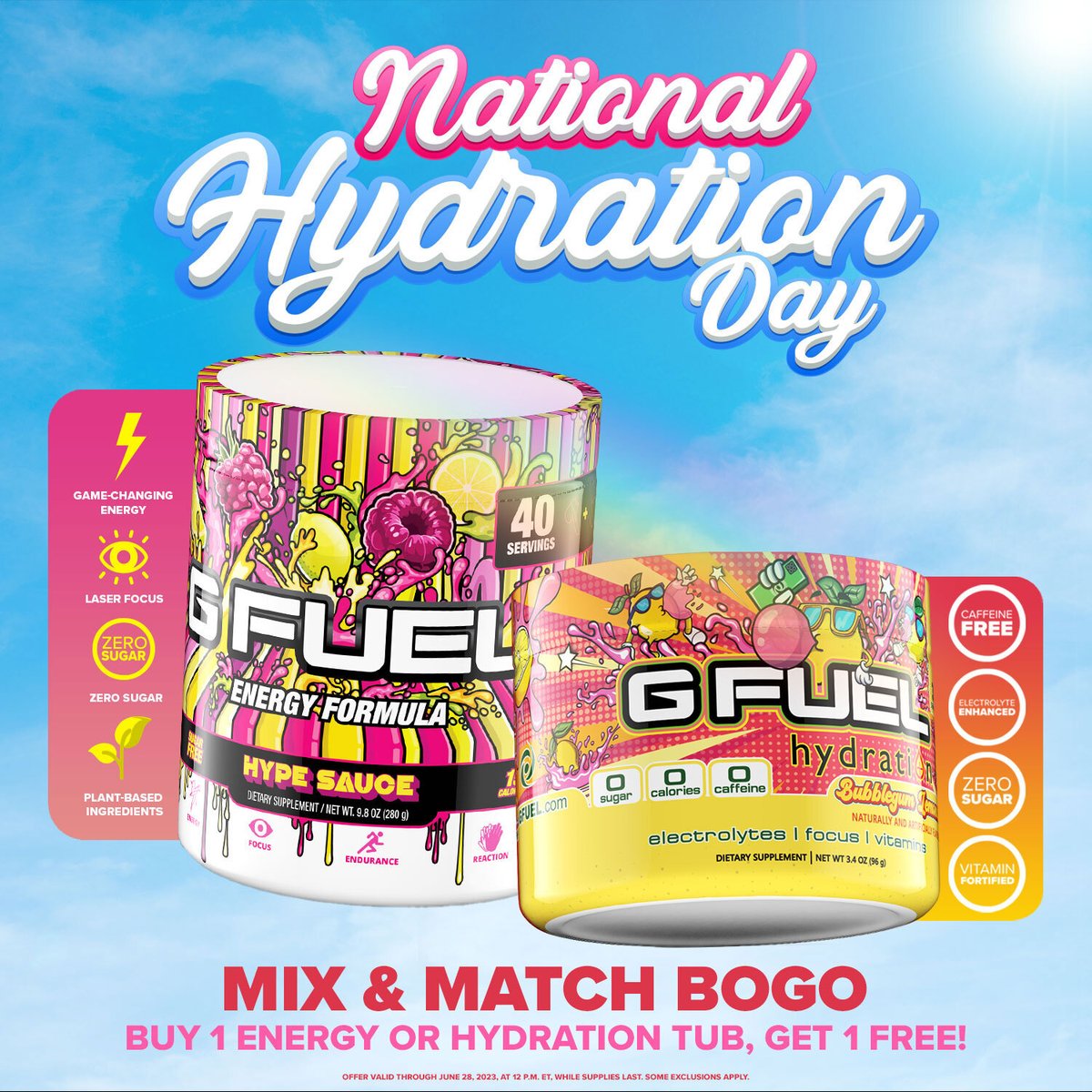 💙 𝗟𝗜𝗞𝗘 + 𝗥𝗧 + 𝗖𝗢𝗠𝗠𝗘𝗡𝗧 "𝗚 𝗙𝗨𝗘𝗟" to win 2 #GFUEL TUBS of your choice! 2 winners picked on Monday in honor of our #NationalHydrationDay BOGO SALE!

💧 Buy 1 Tub, Get 1 Free!
💧 Mix n' Match Flavors!
💧 Valid thru June 28th!

🛍️ 𝗦𝗛𝗢𝗣: GFUEL.ly/hydration-day-…
