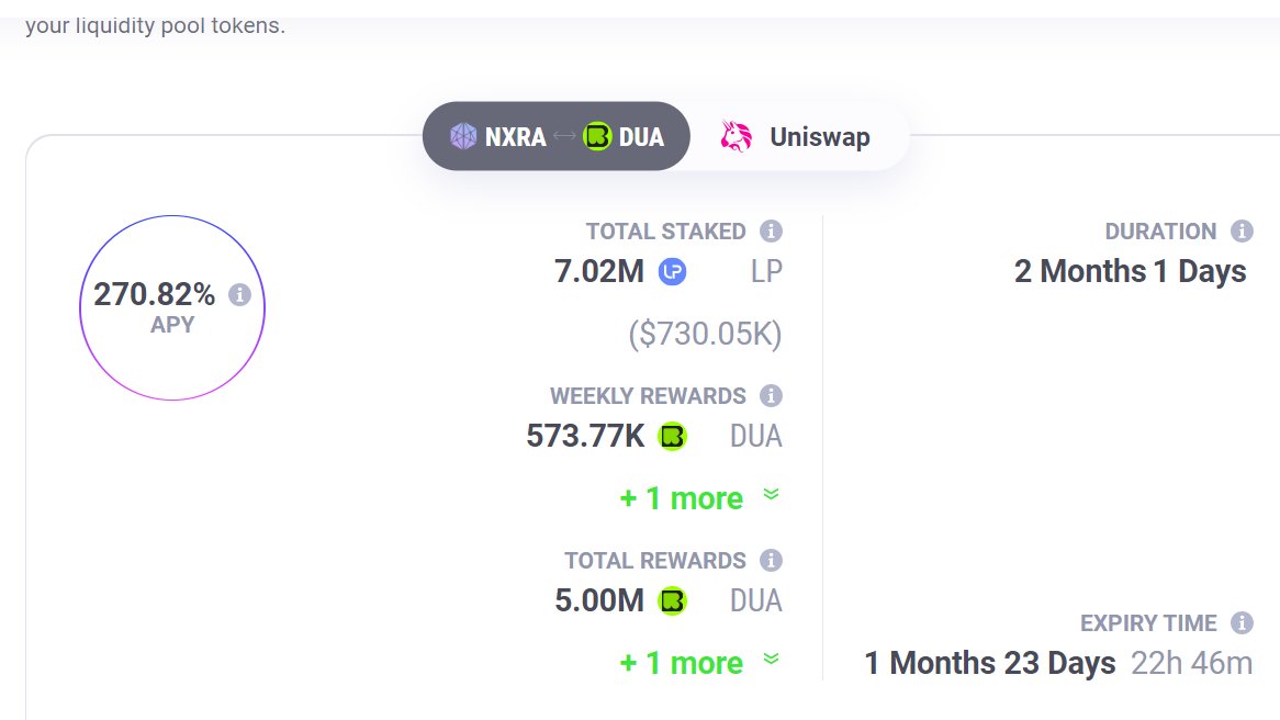 In addition to @BrillionFi's revolution of global financial connections among implode communities, it has an ongoing joint liquidity mining with AllianceBlock.
This collaboration has resulted in a weighty influx of USD into the NXRA-DUA #liquiditypool on Uniswap, with a good APY.