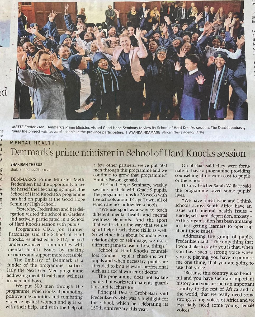 The Prime Minister of Denmark 🇩🇰 had a very heartwarming ❤️ visit to the School of Hard Knocks programme in Cape Town which help under-resourced communities with mental health issues🙏🙌 Great article on the visit and on the PMs support to the strong voices of the girls! 👏✊