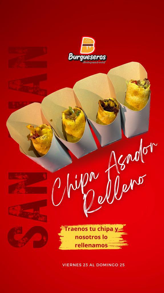 Válidos desde hoy hasta el domingo 🥳
Relleno a elección (de lomito árabe, de philly cheese, de papas cerveceras, de carne de hambur con cheddar).
OBS: el chipa asador NO PREPARAMOS nosotros, solo el relleno 😊🫶🏼