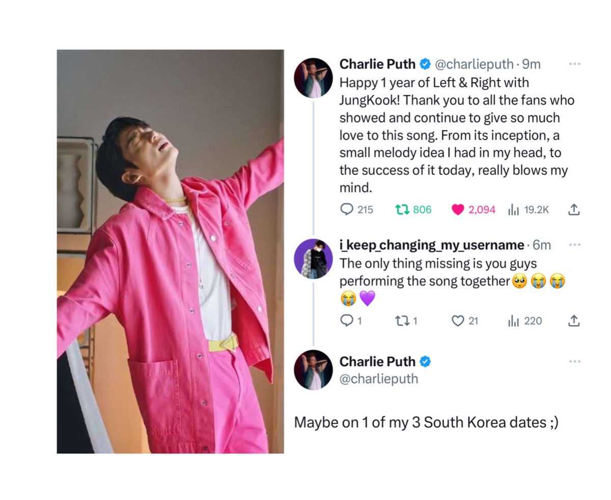 OMG!!! @charlieputh replied to a fan asking for Left and Right performance with JUNGKOOK and said:

“Maybe on 1 of my 3 South Korea dates ;)”

MAKE THIS HAPPEN PLEASE😭🙏🏽

#1YearWithLeftandRight
JUNGKOOK MADE HISTORY