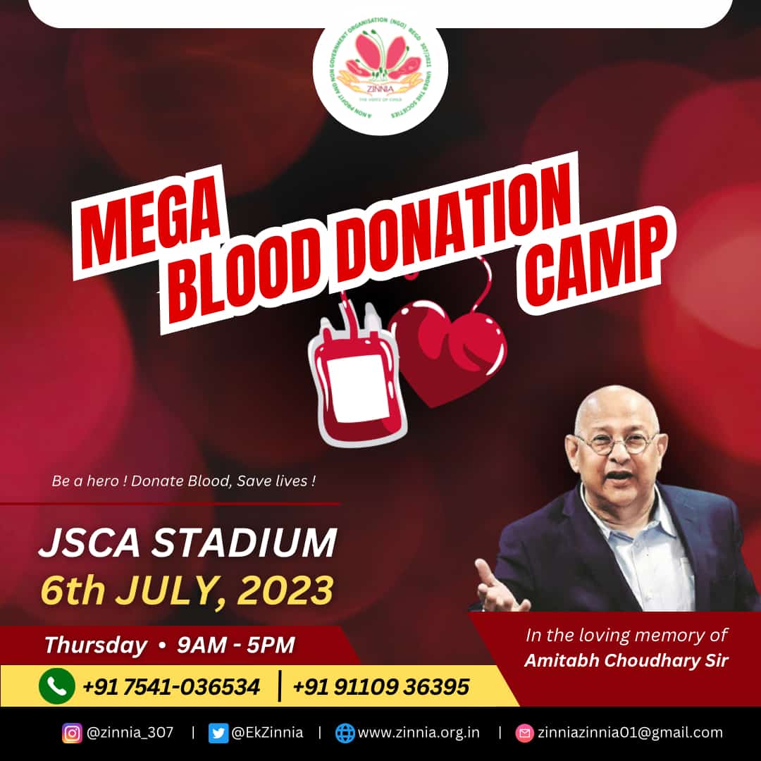 EkZinnia's tweet photo. We are organising our mega blood donation camp on 6th of July 2023  🙏 JSCA Stadium Ranchi ❤️
Join us and Be a hero ! Donate Blood, Save lives! #BeZinnia ❤️
#BloodDonation #donateblood #help #donateblood #JSCA #Ranchi #help https://t.co/euskJNTvc8