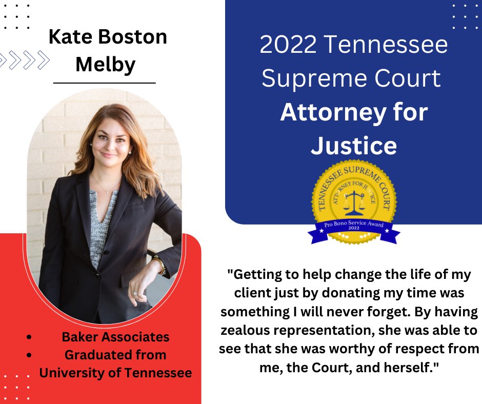 Congratulations to Kate Boston Melby! Being recognized as a 2022 Tennessee Supreme Court Attorney for Justice shows a steadfast commitment towards Pro Bono, and the work is life-changing for clients. Your efforts make a difference for us all!
#probono #recognition