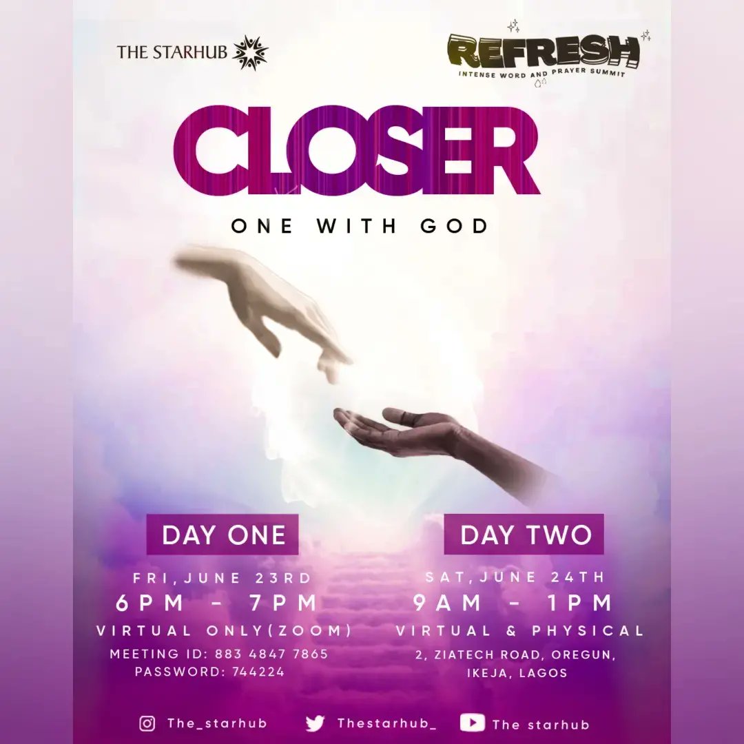 thestarhub_'s tweet image. 6️⃣ pm is upon us!!

Get your devices ready
Send a reminder to a friend
Get a backup Internet connection 
Shut out distractions

PS: Check out the meeting details on the second slide. See you there 😎

#Refresh2023 #OneWithGod #TodayIsTheDay #IgniteTransformation