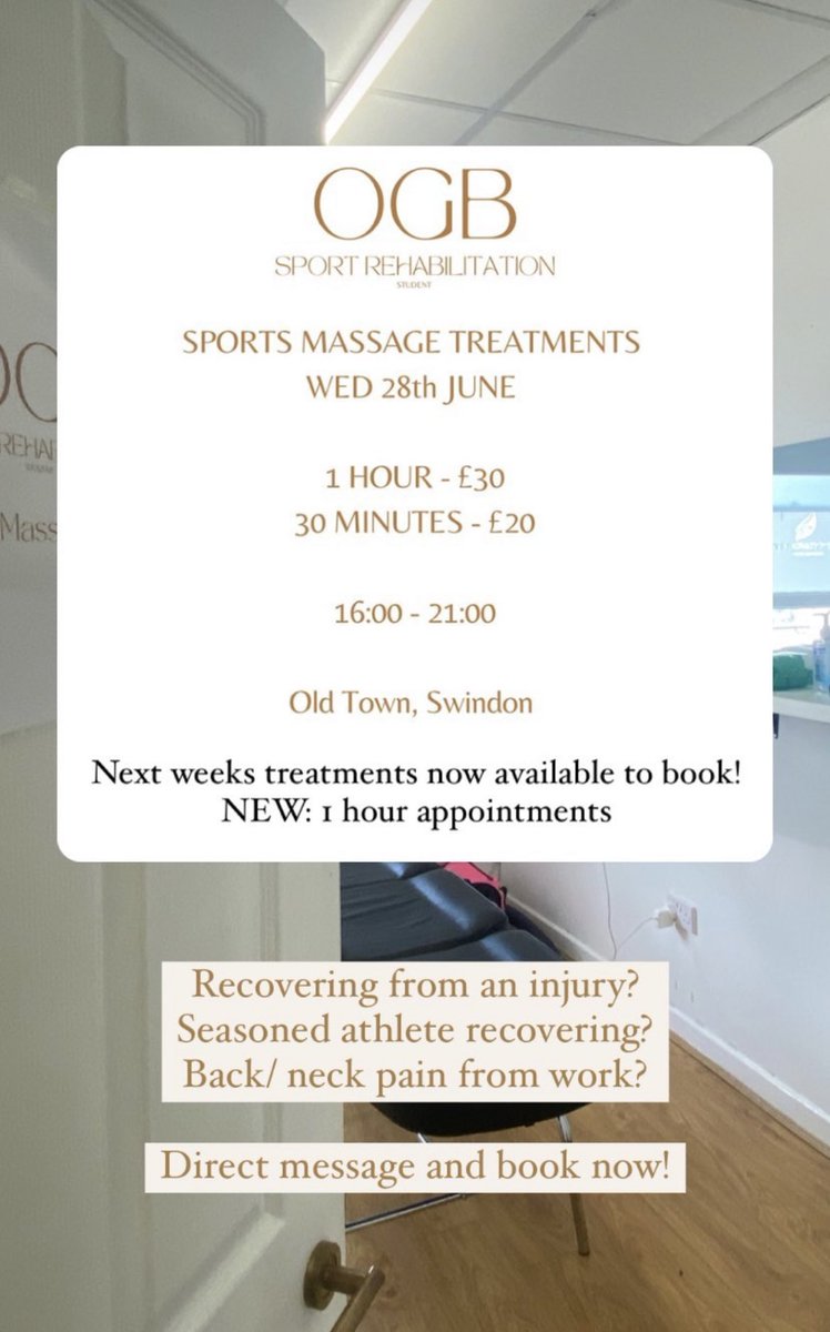 Sports Massage available Wednesday 28/6. Contact @livy_bannon to get booked in