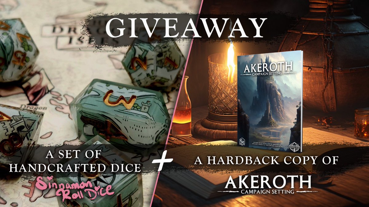#GIVEWAY | We're teaming up for a neat contest where you can WIN a set of my dice + a hardback copy of Akeroth!   
How to enter: 
❤️ Follow <a href="/Sinnamon_Dice/">Sinnamon Roll Dice 🐶</a> &amp; @CrossedPathsPod
📷 Like &amp; RT 
 💬Tell us about your fav #TTRPG character!  

Winner drawn next Friday!  Good Luck! 📷 🍀