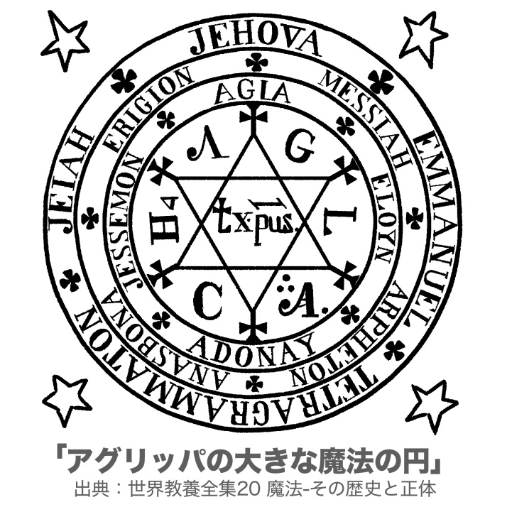 悪魔くんの魔法陣、「そもなんでシンボルが六芒星なのか」って話を始めると…あの魔法陣の元ネタが高確率で  K.セリグマンの著書で紹介されていた、悪魔を召喚するとされる「アグリッパの大きな魔法の円」を、水木しげる御大が引用&独自改変したものだからでは?  って結論に起結するんですよね。