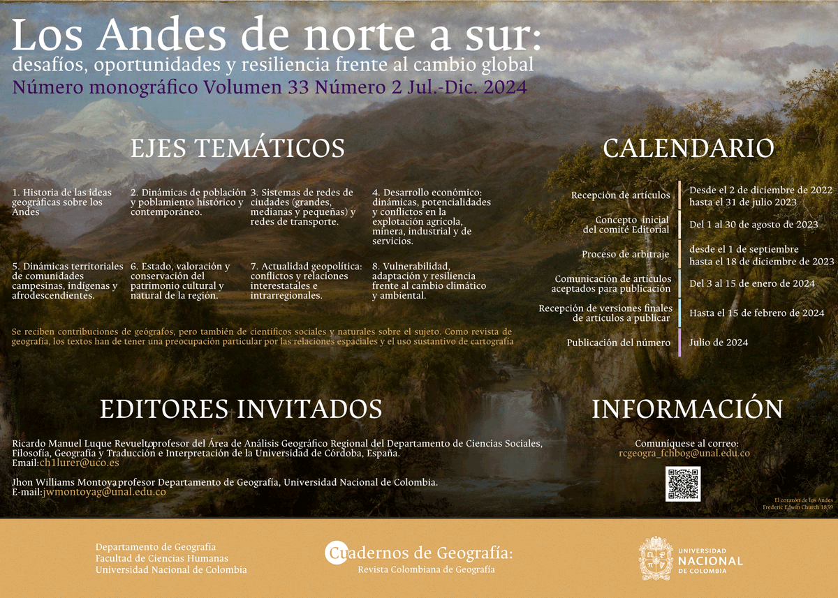 RGEOUNAL's tweet photo. ⌛️Extensión de la fecha (31 de julio) para la postulación de artículos para el  Dossier "Los Andes de norte a sur: desafíos, oportunidades y resiliencia frente al cambio global" Volumen 33 Número 2 Jul.-Dic. 2024 https://t.co/OXLhY80bh8 #UNAL #Bogota https://t.co/o2UrNEcUQS