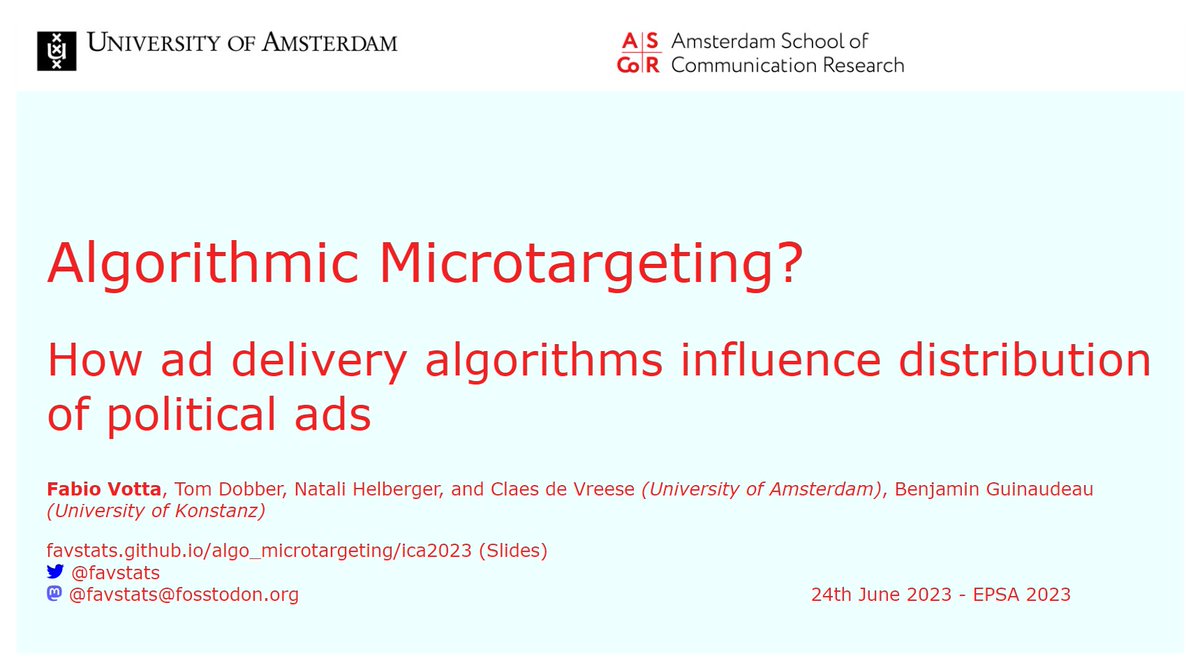 favstats's tweet image. 🤔If algorithms decide which content we see in our timeline do they also affect distribution of political ads.. &amp;amp; if yes, in which ways?

🗓️Come join my panel tomorrow at 12:40 at #EPSA2023 (Auditorium A) &amp;amp; find out about the (weird) consequences of🎯algorithmic microtargeting!