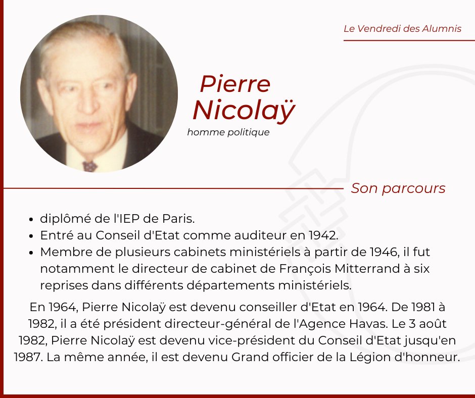 [LE VENDREDI DES ALUMNIS]

La Conférence Olivaint vous présente l’un de ses alumnis, dont le parcours a marqué la vie publique française.

Cette semaine, découvrez Pierre Nicolaÿ : ancien vice-président du Conseil d'Etat et ancien membre de la Conférence Olivaint.👇