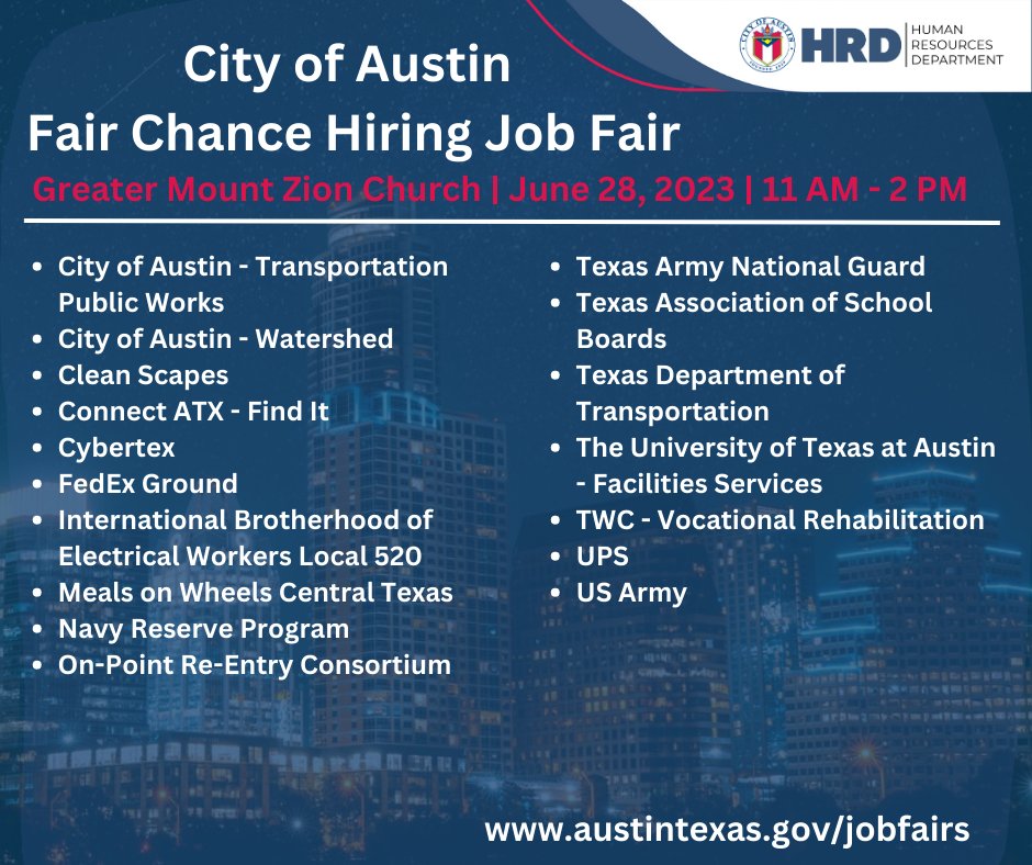 The Fair Chance Hiring Job Fair is right around the corner. Explore the list of employers who will be in attendance. Visit our website at austintexas.gov/jobfairs to see the full list of job opportunities that each employer will be recruiting for.
#FairChanceHiring #AustinJobs