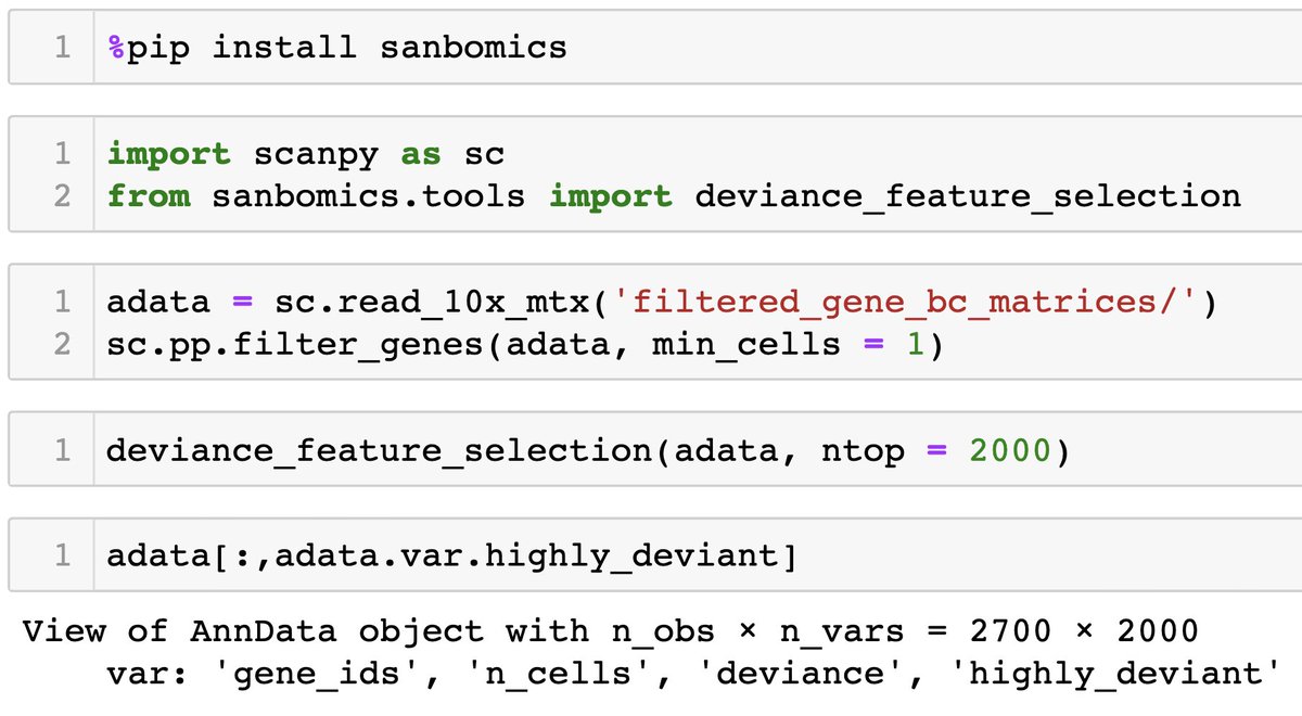 Gene deviance has been proposed as a better alternative to variance for selecting features in single-cell data (1,2).

But, python implementation is difficult because no tool exists.

I added a function to identify deviant genes from @scverse_team anndata 🧵(1/4) #Bioinformatics