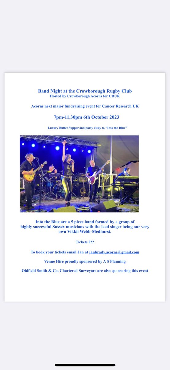 Tickets are now on sale for our fundraising Band Night on Friday 6th October at Crowborough Rugby Club. Thanks to <a href="/oldfieldsmith/">Oldfield Smith & Co</a> and <a href="/ASP_Planning/">ASP</a> for their generous sponsorship.  Details below.