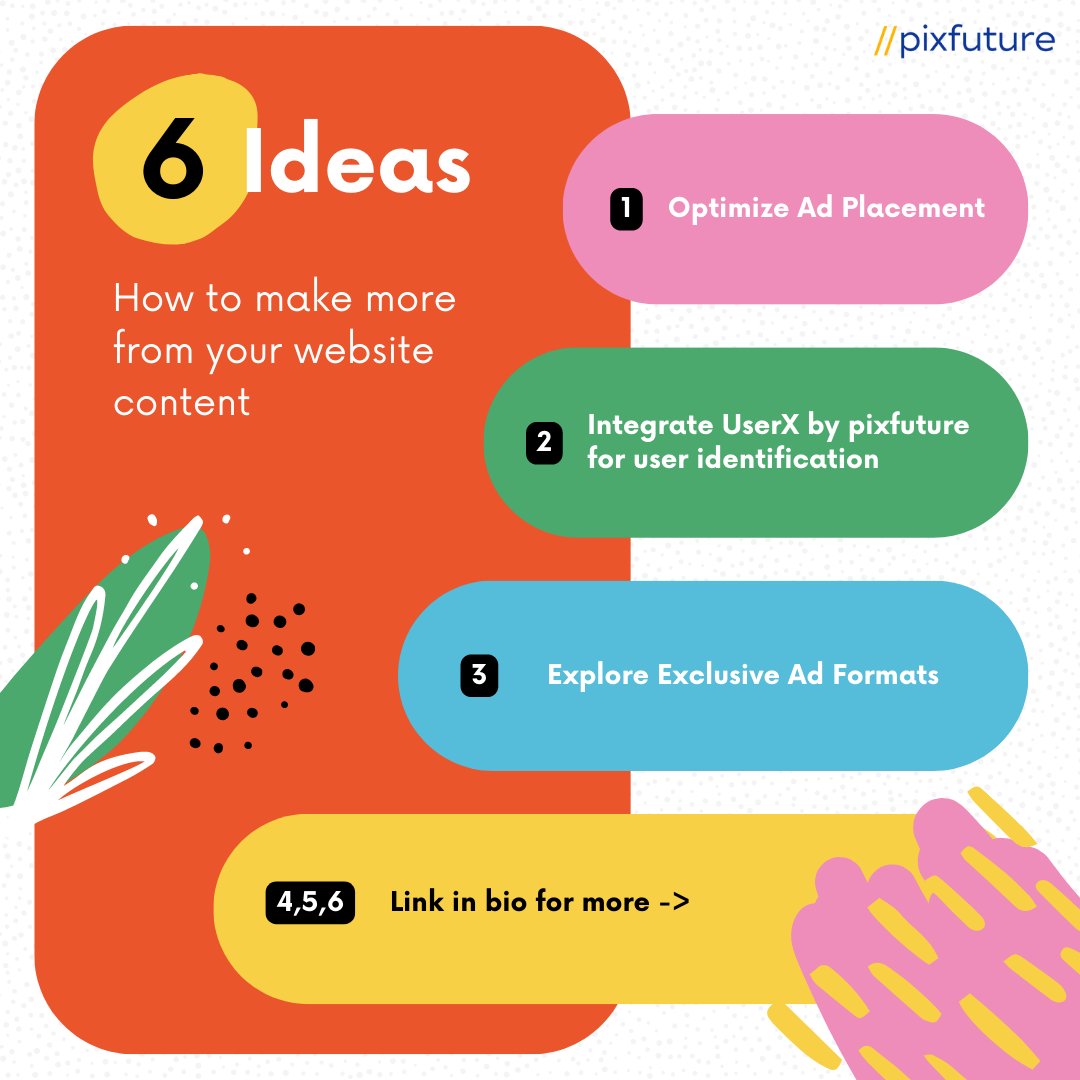 pixfuture's tweet photo. 6 ideas on how to make more from your website content. Link in bio for more... #monetization #websitecontent #content #adtech #digitalads #advertising #contentmonetization https://t.co/Tl0HAOAFF2