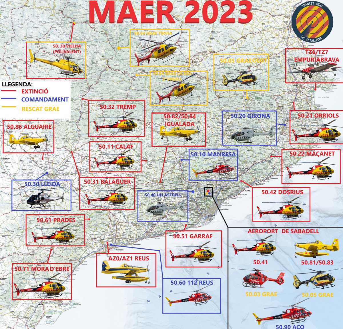 Plànol dels mitjans aeris disponibles per la campanya forestal d'estiu d'aquest 2023, incloent les màquines de <a href="/bomberscat/">Bombers</a> i <a href="/mitecogob/">Transición Ecológica y Reto Demográfico</a>. Compartiu-lo sense por! #MAER #transitaeri #transitaericatalunya