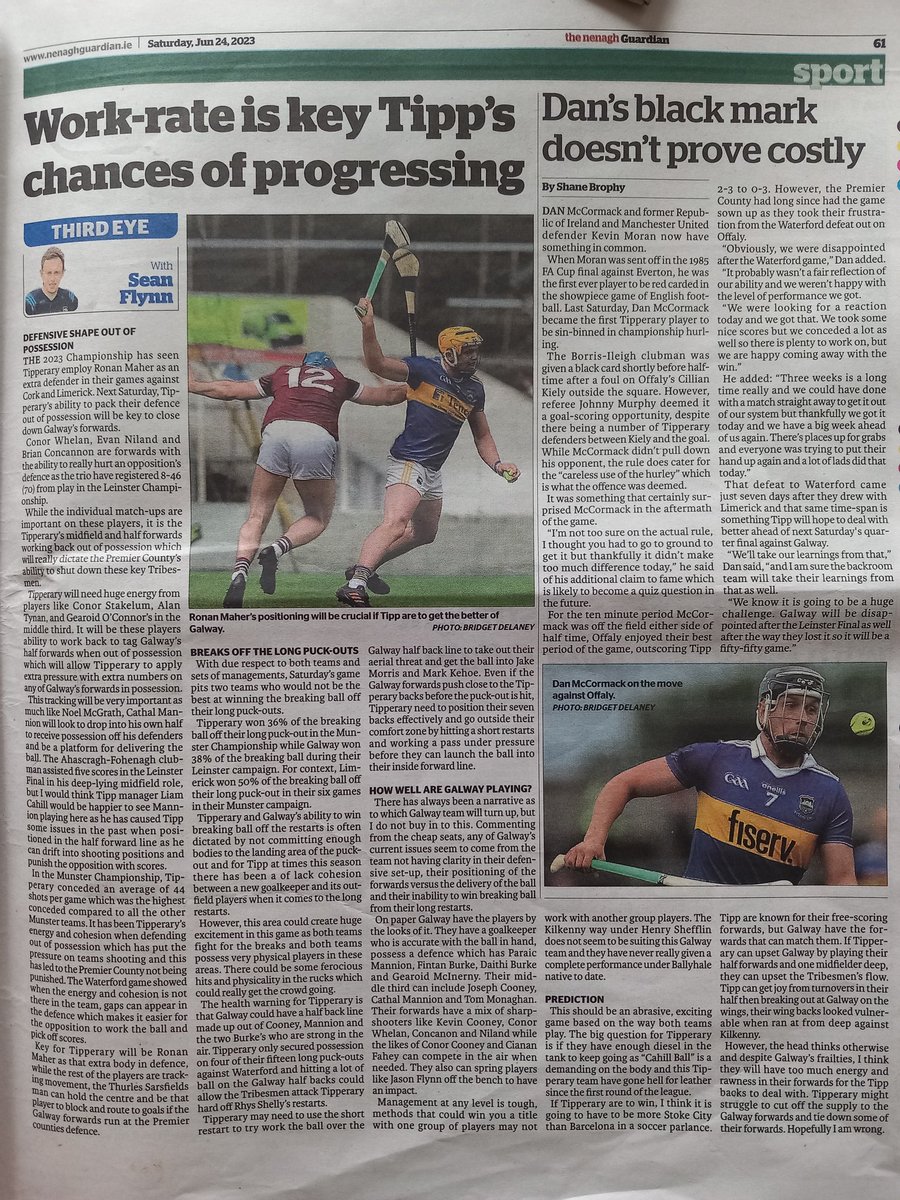 A look at @Galway_GAA v @TipperaryGAA Ronan Maher's role minding the house key for Tipperary. Breaking Ball on the long restarts could be interesting as both teams have been poor in this area in the championship to date. Could be helter-skelter in this area. The Kilkenny way…