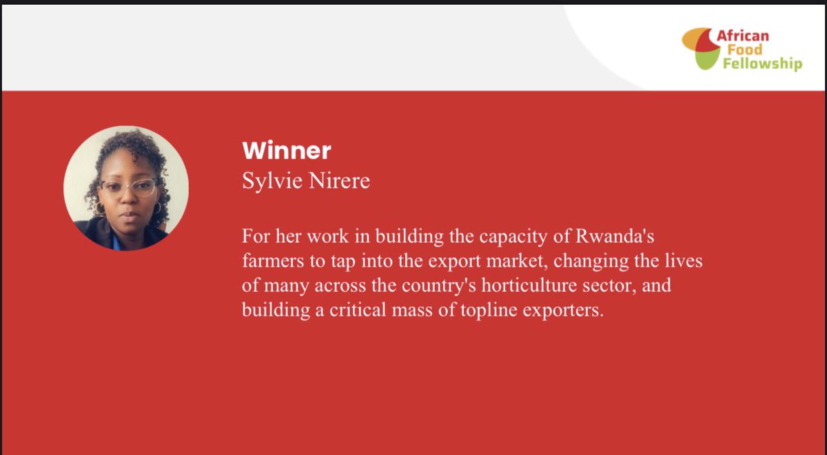 _AfricanFood's tweet photo. @wasafiriconsult @WUR_WCDI @IKEAFoundation @ni_neza @KelvinOdoobo @RwandaAgri @UsanaseAbdu @kate_ojungo @Nisysy 🎉🎉🎉🎊🎊🎊
And the award goes to Food Tech &amp; Trade Fellow Sylvie Nirere! 
Congratulations, Sylvie, you are an inspiration! You have shown us what is truly possible with bravery, creativity, and collaboration. 

#RwFoodFestival https://t.co/97NErKySqs