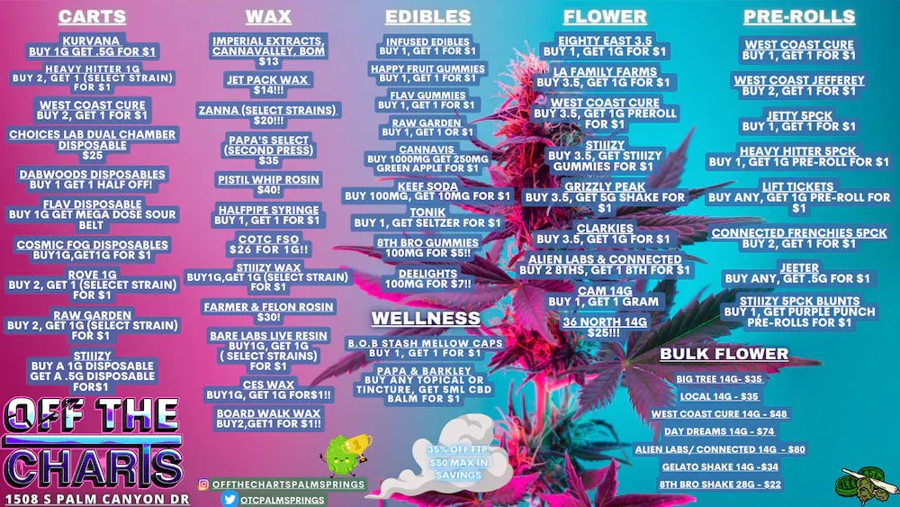 stop by and say high for these #WEEKENDDEALS😶‍🌫️🍃✨

#OTC #OffTheCharts #GetYourMindRight #PalmSprings #California #CannabisCommunity #cannabisculture #cannabisindustry