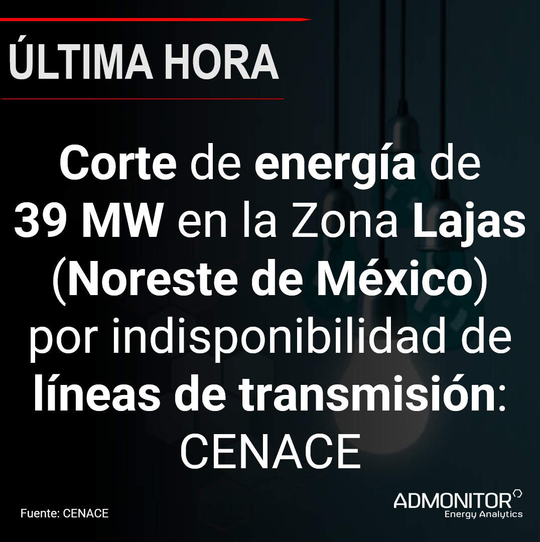 AdmonitorEnergy's tweet image. #URGENTE - Mediante un #Estado #Operativo de #Emergencia, el #CENACE reportó un #corte de #energía de 39 MW en Lajas (Noreste del país) por indisponibilidad de #líneas de #transmisión. Aunque este suceso ocurrió el 21 de junio, el documento oficial se publicó posteriormente.