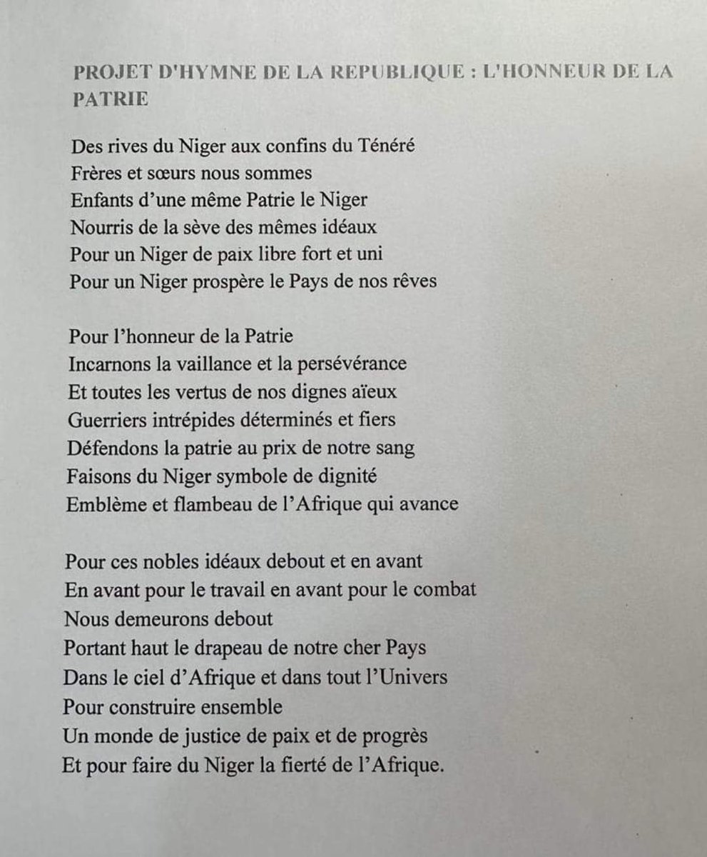 Nijer Fransa sömürgeciliğini öven milli marşını değiştirdi. 
Marş 1961'de bir Fransız tarafından yazılmıştı.

Cezayir de geçen ay, Fransa'nın sömürge dönemini ve katliamlarını anlatan kısmı yeniden milli marşa eklemişti.
