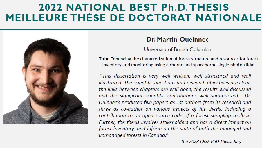 Congratulations to IRSS #PhD graduate Dr. Martin Queinnec who won the 2022 National Best PhD Thesis! 🏆

🔖Read his thesis here: tinyurl.com/mv322xjz

📰or all 5 of his 1st-authored papers from his PhD on his ResearchGate: tinyurl.com/zyftxv2p

@ubcforestry #BestPhD