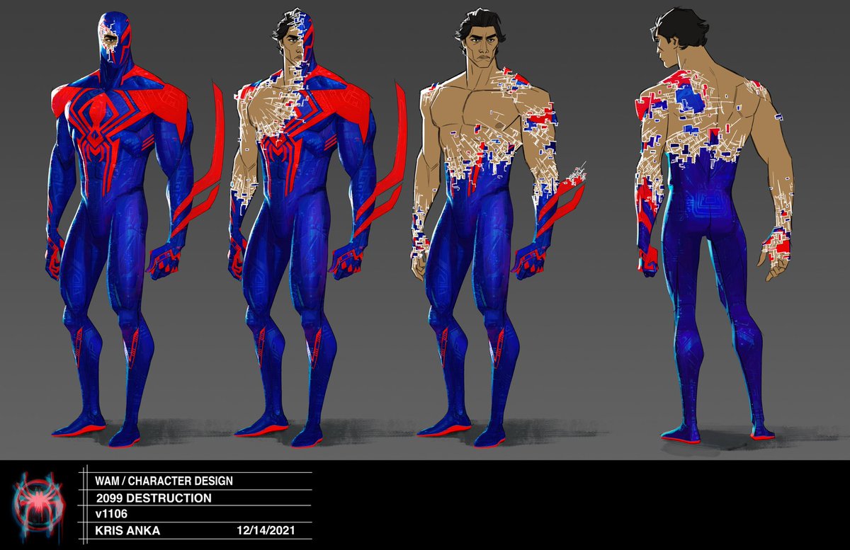 Not only did i get to design the suit, but I got to help figure out how to destroy it. 
Some explorations on how #SpiderMan2099 ‘s digital suit could disintegrate. Had a lot of fun researching dying or burned out LED screens. 
#AcrossTheSpiderverse