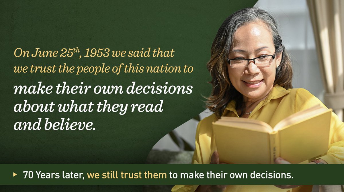 70 years later, we still believe in the #FreedomToRead. We invite Americans who believe in the freedom to read to pledge their support at UniteAgainstBookBans.org or publishers.org/freedomtoread   #UniteAgainstBookBans  #FreedomToPublish