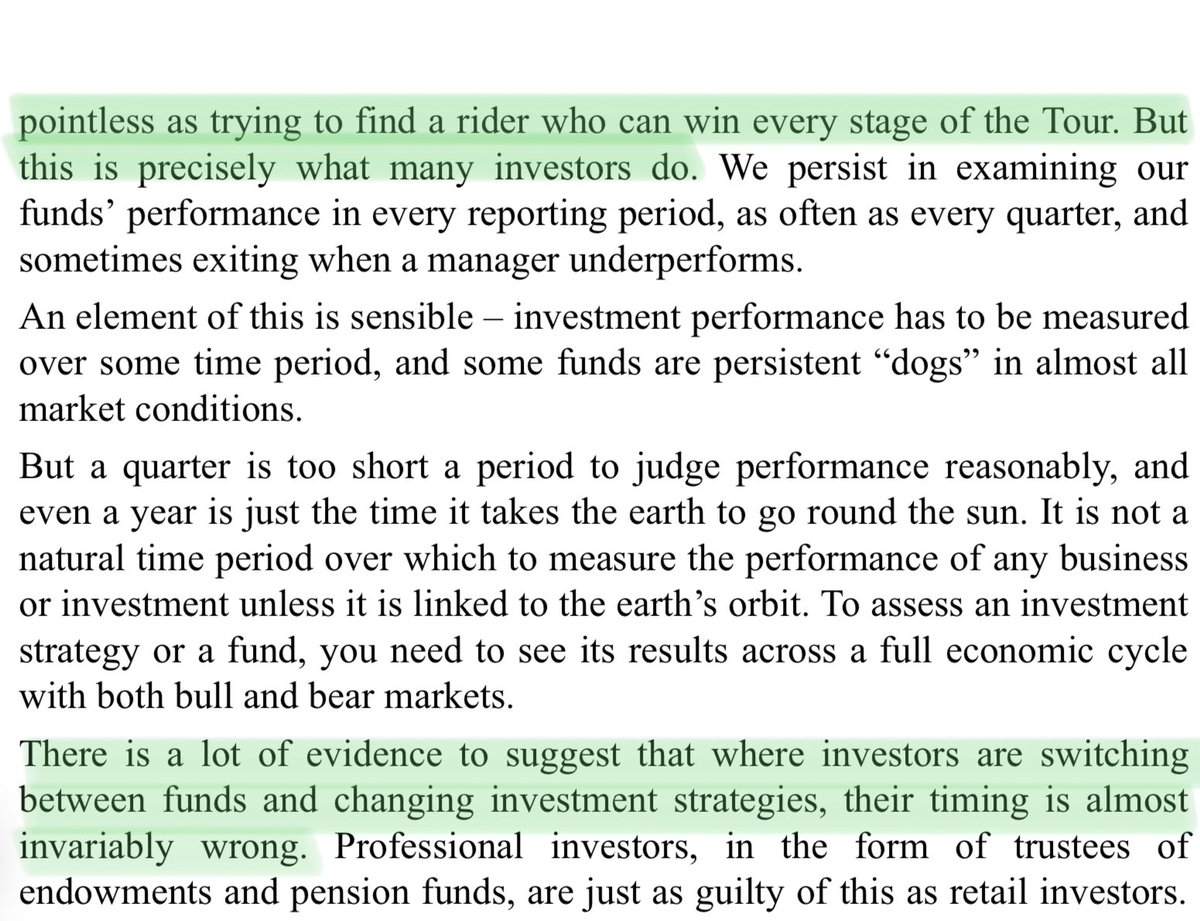 TheShortBear's tweet photo. The strategy switching paradox.

It is the constant search for outperformance that leads us to underperform. Instead the key lies in scalable strategies with risk aversion traits.

In short the hotter the market the more trades pop up and the more range/trend they give you, yet all of them are played the same way. 

As the market cools down less stocks meet your criteria and you are protected by less trades being taken/showing up.

Outperformance in good times and risk aversion in bad ones.

A large portion of super investors and traders outperform through shallow losses during bad times. This saved capital then compounds in good times.

Passage from investing for growth (pages 67,68) which talks about this phenomenon.