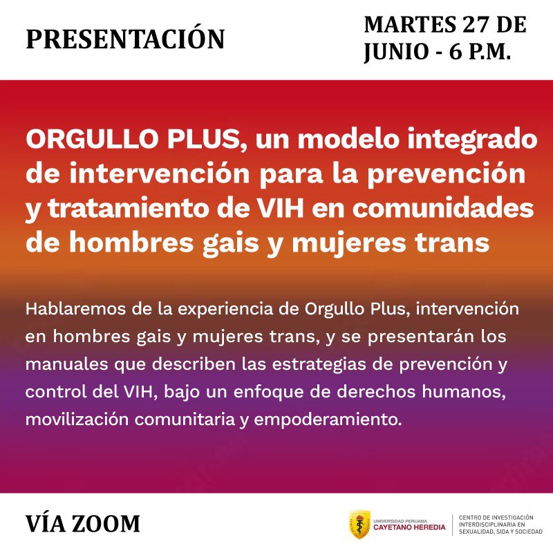CIISSS_UPCH's tweet photo. Están todxs invitadxs al conversatorio y presentación de  la publicación del proyecto ORGULLO🌈 el cual buscó crear cambio social a través de la movilización comunitaria y el empoderamiento individual y colectivo.
Inscríbete en el siguiente link
👉 https://t.co/iIUxFBPa7w https://t.co/NOOHaDMXtQ