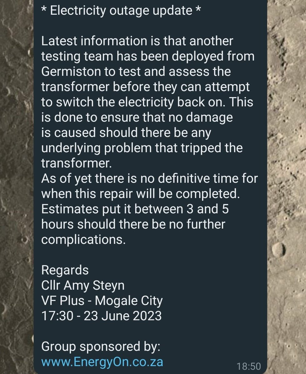 @KhulCalvin @Eskom_SA Got this update, looks to be from 17h30 this afternoon.